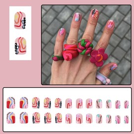 YIHONGYAN Press on Nails Square Short MultiColor Fake Nails Press ons Nail Tips Artificial Acrylic Kit Full Cover False Nails with Irregular Lines Simple Design Stick on Nails for Women 24Pcs