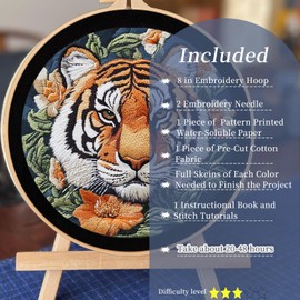 FONNUY Tiger Floral Embroidery Kit, Cross Stitch Kits for Beginners, Handmade Crafts with Printed Patterns for Beginner Adults, Easy to Follow Color Thread Needlework, 8'' Hoop