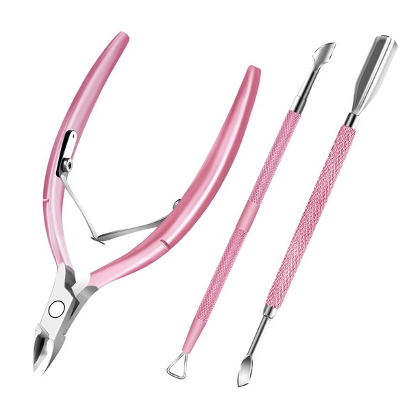 Cuticle Trimmer with Cuticle Pusher and Scissors, Cuticle Remover Professional Durable Pedicure Manicure Tools, Stainless Steel Cuticle Nipper Cutter Clipper for Fingernails and Toenails Pink