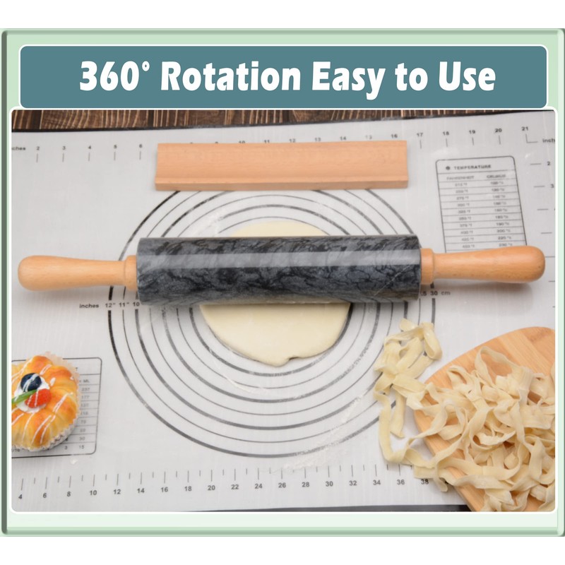SIPARUI Marble Rolling Pin with Wooden Cradle Thick Handle Set