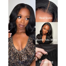 Nadula Yaki Wavy V Part Drawstring Wig Human hair with Blow Out Bangs, Glueless EasiContour Vpart Wigs No Leave Out Beginner Friendly Clip In V Shape Wigs Upgrade Wavy U Part Wig 150% Density 20inch