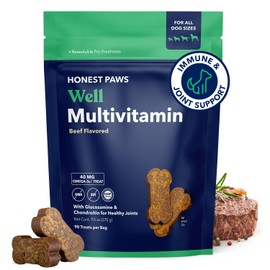 Honest Paws (90 Count) Dog Multivitamin Soft Chews with 10 Essential Vitamins - Joint, Coat, Immune, Eye & Heart Support - with Glucosamine, Chondroitin & Omega-3 - Beef Flavor