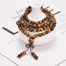 AD Beads Natural Gemstones Buddhist 108 Prayer Healing Beads Mala Stretchy Bracelet Necklace 6mm (Yellow Tiger's Eye)