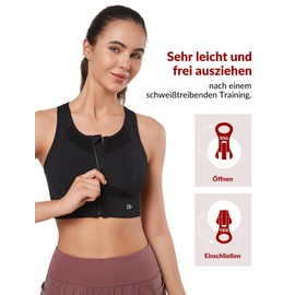 Yvette Women's Sports Bra with Front Closure Mesh Racer Back Full Coverage Running Fitness Riding Bra, black