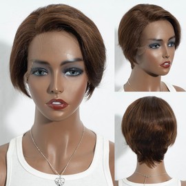 JOEDIR HAIR Short Lace Front Pixie Cut Wig Human Hair for Black Women 13x4 Lace Front Pixie Wig Short Pixie Wig 150% Density (Brown, #P4/30)