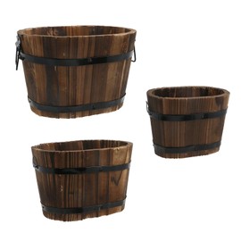 MY MIRONEY 3PCS Wooden Planter Barrel Set Vintage Style Wood Bucket Rustic Garden Flower Plant Pots Container with Metal Handles, Oval, Small, Medium & Large