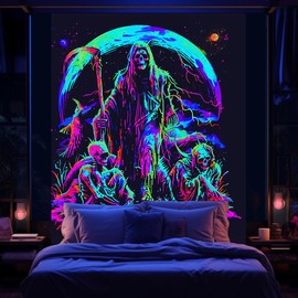 Blacklight Skull Tapestry, Trippy UV Grim Reaper Skeleton Blacklight Poster Tapestries, Gothic Sun Moon Tapestry for Bedroom, Neon Vertical Tapestry Wall Hanging for Men Living Room Dorm Decor 40X60IN