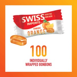 Swiss Imports Sugar Free Bonbons Hard Candy Drops, Orange, 100 Individually Wrapped Pieces, 250g/8.8oz