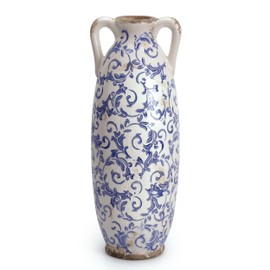 VICTOR & TERESA Blue and White Floor Vase for Pampas Grass, 13.8'' Tall Vase for Home Decor, Ceramic Farmhouse Decorative Large Vases for Flower, Mantel, Living Room, Shelf, Centerpieces, Gift for Mom