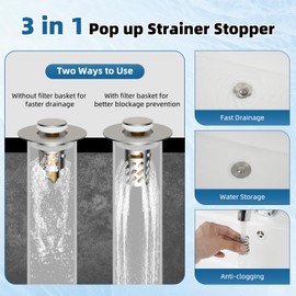 iFealClear All Metal Bathroom Sink Stopper, Pop Up Sink Drain Strainer with Removable Stainless Steel Filter Basket, Universal for 1.1"-2.36" US Sink, Brass Bounce Core, Hair Catcher, Brushed Nickel