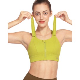 VFUS Sports Bras Adjustable Zip Front High Impact for Women Full Coverage Removable Padded Workout Running (Medium, Olive)