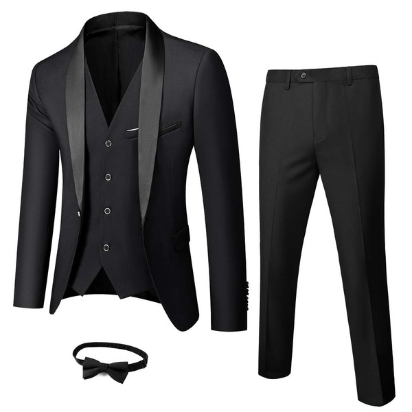 YND Men's 3 Piece Slim Fit Tuxedo Suit Set, One Button Shawl Collar Solid Business Blazer Jacket Vest Pants with Bow Tie, Black