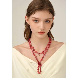 Firstmeet Long Knotted Shell Beaded Necklace Boho Glass Beads Handmade Necklace for Women(XL-1271-Hot Coral)