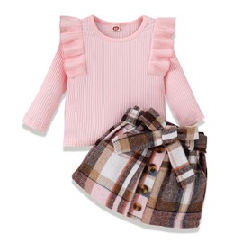 HPSOM Baby Kids Girl Clothes Set Ruffle Ribbed Long Sleeve Top Bow Tie Plaid Skirt 2PCS Spring Fall Toddler Outfits Set 2-7Y