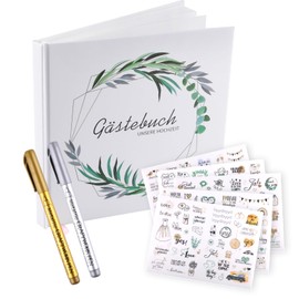 Wedding Book White, 21 x 21 cm Guest Book Wedding Eucalyptus Blank 100 Pages, Wedding Guest Book with Stickers and Metallic Pens, Vintage Wedding Guest Book, Photo Book Anniversaries, Christening Gift