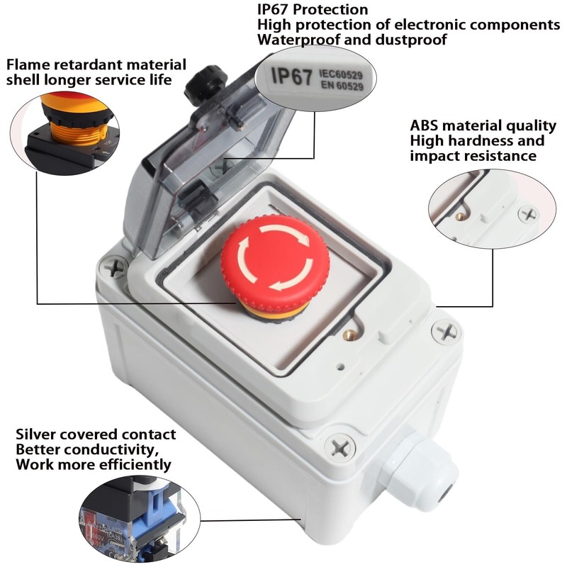 aikoolwer Waterproof Emergency Stop Push Button Switch with Protective Cover
