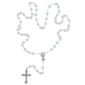 True Faith Jewelry Pearl Rosary Prayer Beads Necklace with Jesus’ Crucifix Cross and Chalice, 26-Inch