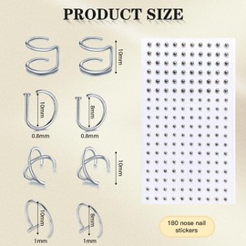 Leogony 8 PCS Fake Nose Ring Earing Clip On, 180pcs Fake Nose Piercings Studs Sticker for Men Women 3mm 4mm
