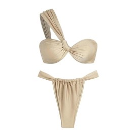 ZAFUL Women's One Shoulder Bikini Twisted Ruched High Cut Bandeau Bikini Set Two Piece SwimsuitColor: Beige, Size: S