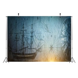 CORFOTO Old Sailboat Ancient Map Backdrop Fabric 5x4ft Vintage Compass Historical Pirate Nautical Compass Ancient Map Background for Navigation Travel Birthday Party Decorations Adventure Props