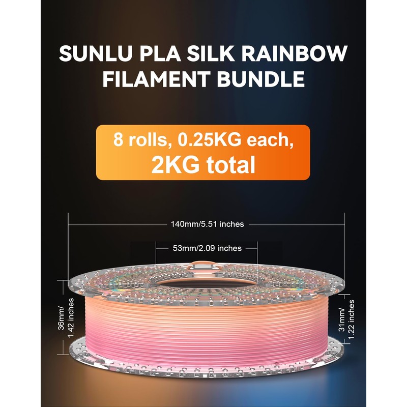SUNLU 3D Printer Filament Bundle, PLA Silk Rainbow Filament Multicolor,