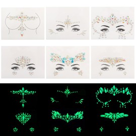 6Pcs Luminous Rhinestones Face Temporary Tattoos Glitter Festival Face Stickers for Carnival Make Up Parties