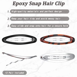 12 Pieces Oval Snap Hair Clips Tortoise Metal Snap Clips Oval Epoxy Hair Grips Metal Ellipse Hair Clips Non slip Snap Hair Barrettes Hair Accessories for Women Girls Hair Styling, 2.8 Inch