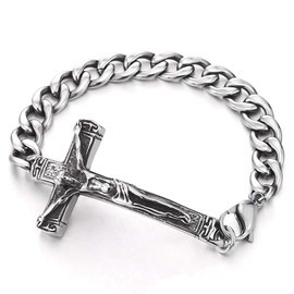 COOLSTEELANDBEYOND Mens Steel Vintage Jesus Christ Crucifix Horizontal Sideway Lateral Cross Curb Chain Bracelet(CA)
