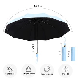 Dlin Paraguas de protección UV, paraguas compacto de viaje, resistente al viento, apertura y cierre automático, paraguas plegable portátil para mujeres y niñas, con revestimiento negro anti-UV (azul)