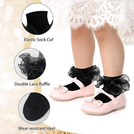 MKYSZLT Girls Ruffle Socks Toddler Girl Frilly Dress Socks Double Lace Big Ruffles Fold Over Church Fancy Sock for Baby Kids (US, Age, 1 Year, 3 Years, black - 1 pair)