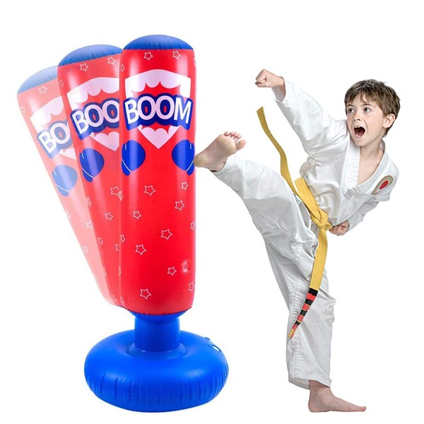 JanTeelGO Punching-Ball 120cm, Gonflable de Boxe pour Enfants, Sac de Frappe Remise en Forme à Rebond immédiat, pour la Pratique du karaté Taekwondo MMA (Rouge-E, 120cm)