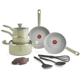 T-fal Recycled Ceramic Nonstick Cookware Set 12 Piece, Oven Safe 350F, Pots and Pans, Fry Pan, Kitchen tools, Green