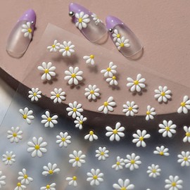 Flower Nail Stickers Self-Adhesive 5D Embossed Jelly Sliders Floral Petals Nail Art Stickers Decals Spring Summer White Daisy Floral Nail Design Stickers for Women Girls Manicure Decoration 1 Sheet