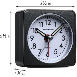 Peakeep Ultra Small, Battery Travel Alarm Clock with Snooze and Light, Silent with No Ticking Analog Quartz (Black)