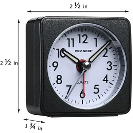 Peakeep Ultra Small, Battery Travel Alarm Clock with Snooze and Light, Silent with No Ticking Analog Quartz (Black)
