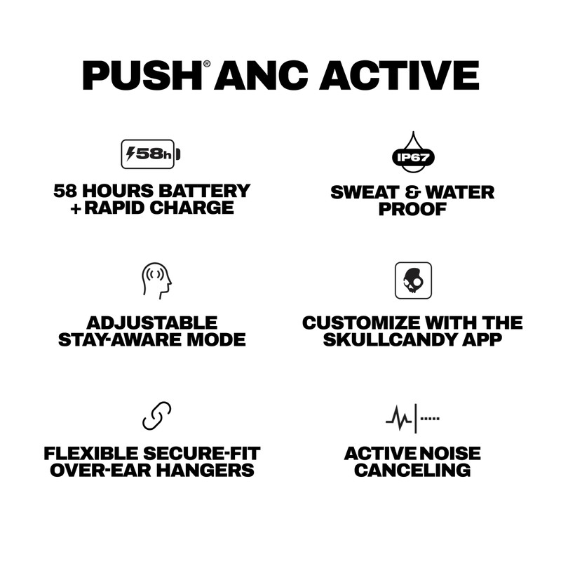 Skullcandy Push ANC Active Wireless Earbuds, Bluetooth Headphones, Noise Cancelling,
