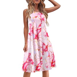HOTOUCH Cruise Dresses for Women Travel Dresses Wrinkle Free Fall Dress Tropical Tank Sundress Casual Summer Midi Dress, Pink Stitching Print XL