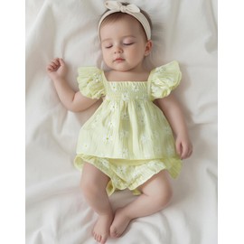 Dubute Infant Baby Girl Summer Clothes Smocked Floral Sleeveless Tank Top Ruffle Bloomer Shorts 2 Piece Outfit Set (Yellow-floral, 3-6 Months)