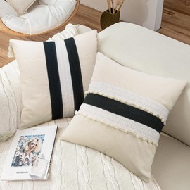 Merrycolor Boho Throw Pillow Covers 18x18 with Tassels Patchwork Black and Cream White Pillow Covers Neutral Pillows Farmhous Pillow Covers Decorative Pillows for Couch Sofa Bed Living Room, 1PC