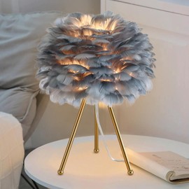 Capslpad 15.3" Feather Tripod Table Lamp Grey Modern Desk Lamp Small Bedside Lamp with Gold Finish Nightstand Lamp for Living Room Kids Room Bedroom Nursery Room Girls Room Decor