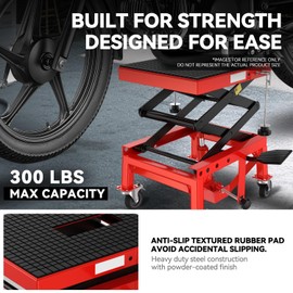 Auto Dynasty Heavy Duty Hydraulic Motorcycle Lift Jack Table Bike ATV Motorcycle Bike Foot Operated Scissor Stand Lifts Hoist, 300lbs Capacity, Lifting Range 13.7" to 34", Red