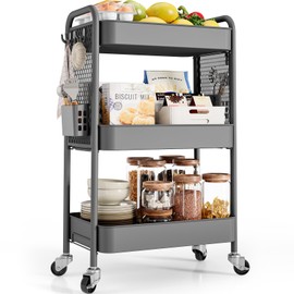 TOOLF Rolling Carts with Wheels, 3 Tier Rolling Utility Cart, Metal Storage Organizer with Pegboard Hooks Bins for Bathroom Kitchen Storage, Three Tier Cart for Book Diaper & Craft Art Supplies, Grey