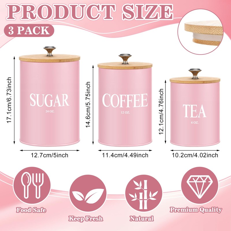 Blushtier 3 Pack Pink Kitchen Canister Set Metal Tea Coffee