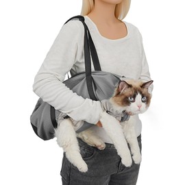 Pawfun Cat Carrier Pouch, Soft Cat Carrier and Soothing Grooming Bag, Breathable Cat Restraint Bag for Nail Clipping Vet Visits Medication Dental Care Grey S