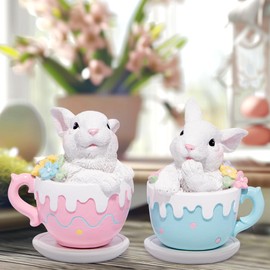 Hodao Ceramic Bunny Mugs with Whipped Cream Topping, Set of 2, Pink and Blue