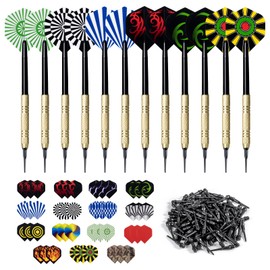 Carehabi Darts with plastic tip darts for electronic dartboard, 12 pieces, soft darts 14 g, 45 additional flights, 15 designs with 100 plastic dart tips for replacement