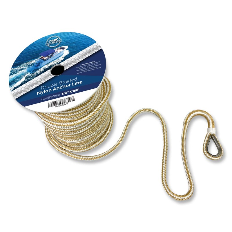 Double Braided Nylon Anchor Line with Stainless Thimble (Gold/White, 1/2-Inch