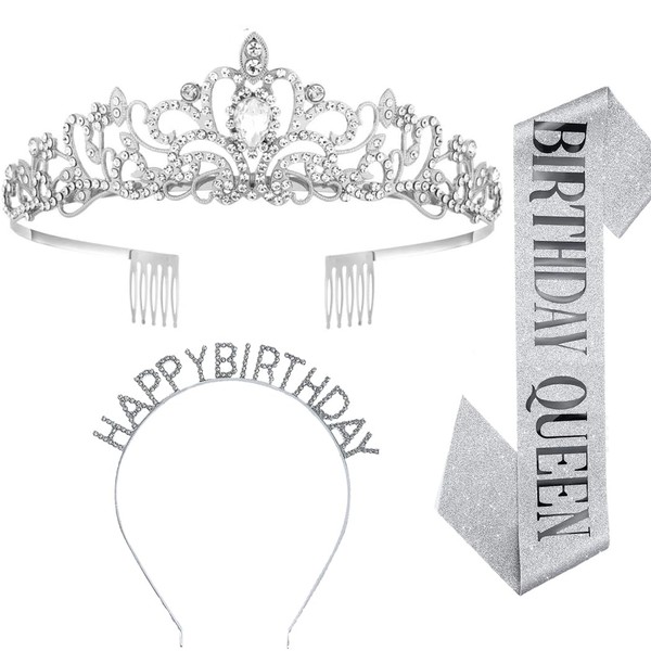 Bandas para el Cabellocon para "Birthday Queen" Sash & Rhinestone Tiara Set Rose Gold Birthday Sash and Tiara para Mujeres Kit, Mythya Accesorios para el Cabello para Boda, Fiesta de Cumpleaños