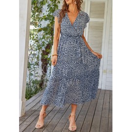 PRETTYGARDEN Women's Summer Floral Boho Dress Wrap V Neck Short Sleeve Ruffle A-Line Flowy Maxi Wedding Guest Dresses (Blue_01,Medium)