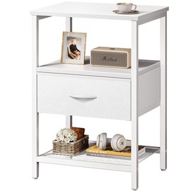 Huuger Night Stand with Fabric Drawer, Side Table with Mesh Shelf, Bedroom Nightstand, Fabric Drawer Dresser, Open Shelf, Metal Frame, Couch Side, White